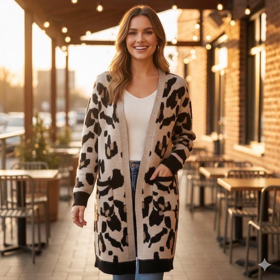 Leopard Print Longline Cardigan | Open Front Sweater | Cozy Knit