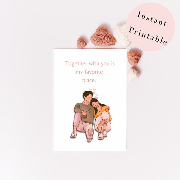 Greeting Card for Couple, Couple's Anniversary Card, Valentines Printable Card, "Together with You is My Favorite Place", Asian Couple Card