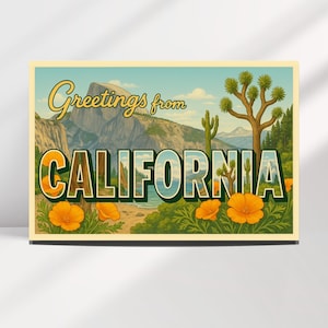 カリフォルニア国立公園のビンテージ スタイルのポストカード、挨拶、ヨセミテ、ジョシュア ツリー、旅行日記、デジタル ダウンロード、水彩画