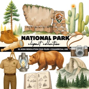National Parks Clipart: Watercolor Camping PNG Stickers (Commercial Use, Digital Download