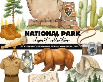 National Parks Clipart: Watercolor Camping PNG Stickers (Commercial Use, Digital Download