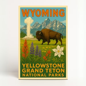 Cartolina in stile vintage del Parco Nazionale del Wyoming / Arte murale digitale stampabile / Yellowstone / Grand Teton / Parco stampabile / Download immediato