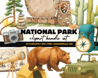 Clipart de Parques Nacionais: Ilustrações PNG em aquarela de acampamento (Download instantâneo)