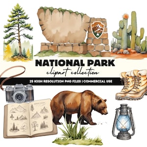 Clipart parcs nationaux, camping PNG, clipart Yosemite, illustration du parc, téléchargement immédiat, autocollants clipart aquarelle, commercial