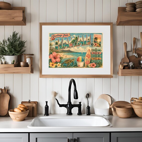 Vintage Hawaii Postcard Print | Oahu Waikiki Maui Art, Sea Turtle