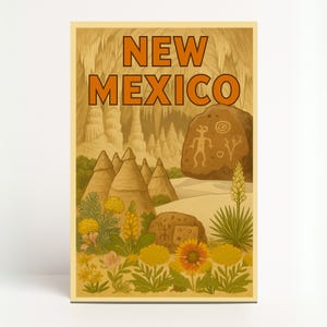 Carte postale de style vintage du Nouveau-Mexique, parc national de Carlsbad Caverns, White Sands, pétroglyphes Bandelier, art mural, téléchargement immédiat