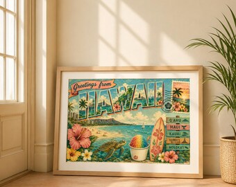 Vintage Hawaii Postcard Print | Oahu Waikiki Maui Art, Sea Turtle