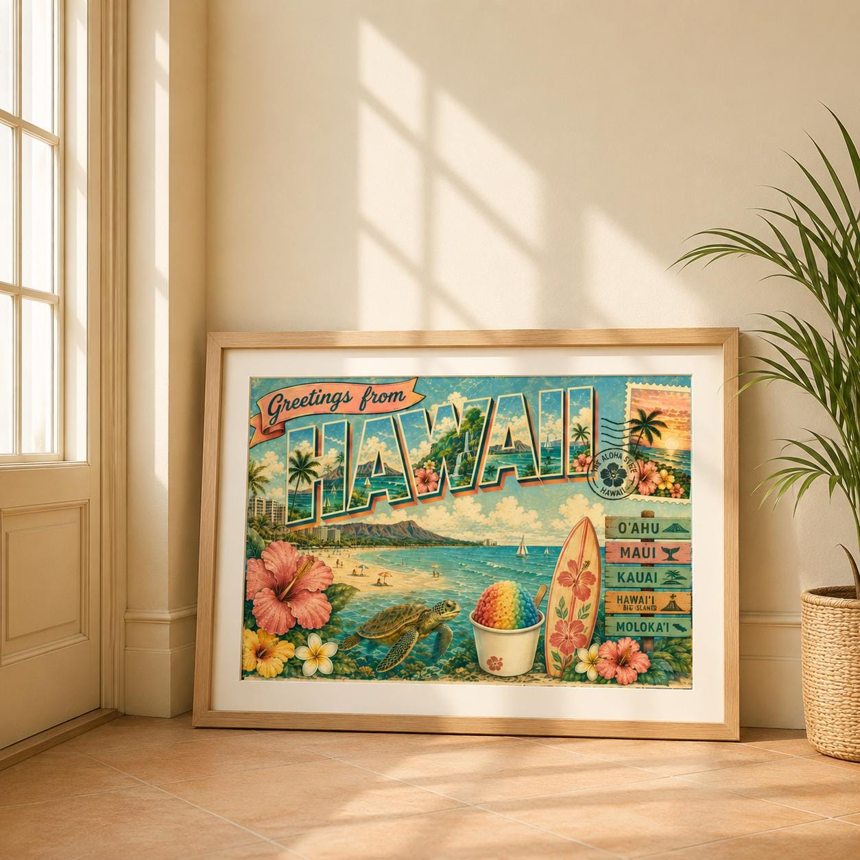 ハワイの絵 Vintage Hawaii Postcard Print | Oahu Waikiki Maui Art, Sea Turtle