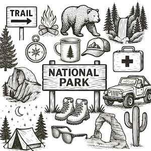 Clipart parcs nationaux, style dessiné à la main, icônes noir et blanc, camping PNG, clipart Yosemite, téléchargement immédiat, aquarelle, autocollants, usage commercial
