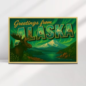 Cartolina in stile vintage dell'Alaska - Aurora boreale / Decorazione murale del parco nazionale / Baia dei ghiacciai, Denali, Aurora boreale, Download digitale, Istantaneo
