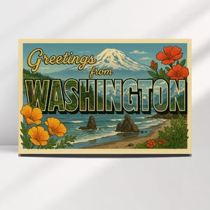 Carte postale de style vintage des parcs nationaux de Washington, affiche, art mural, mont Rainier, parc national olympique, téléchargement immédiat, aquarelle