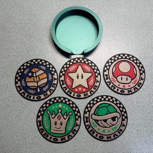 3D Printed Mario Kart Coasters and coaster holder.