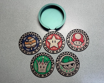 3D Printed Mario Kart Coasters and coaster holder.