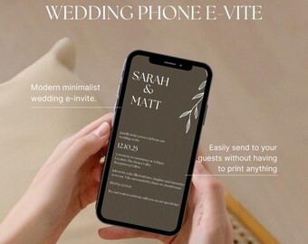 May include: A mobile phone screen displaying a wedding invitation with a minimalist design. The invitation features a brown background with white text and a simple floral illustration. The text reads "Sarah & Matt" and includes the wedding date, location, and time. The invitation also includes the phrase "Easily send to your guests without having to print anything."