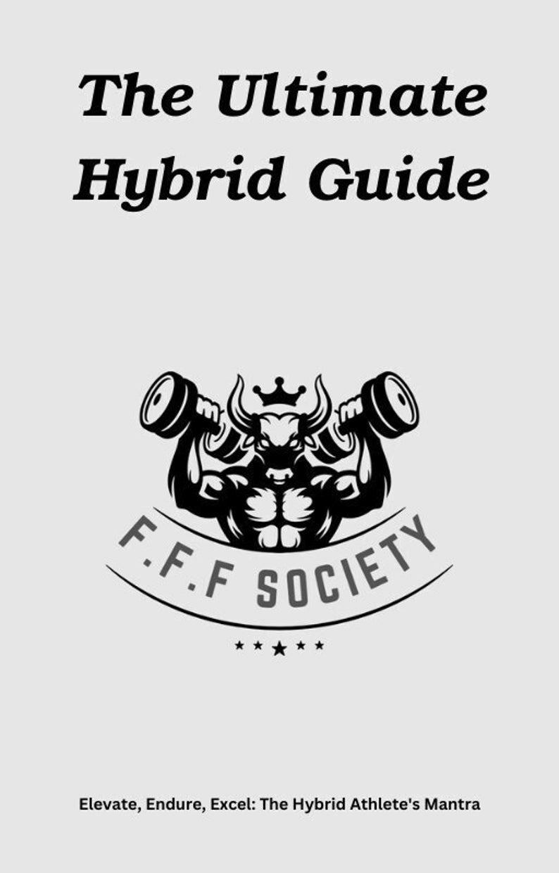 K&ouml;nnte beinhalten: Schwarzwei&szlig;-Illustration eines Stiers mit einer Krone, der Gewichte hebt. Der Text "F.F.F SOCIETY" befindet sich unterhalb des Stiers. Der Text "Elevate, Endure, Excel: The Hybrid Athlete's Mantra" befindet sich am unteren Rand des Bildes.