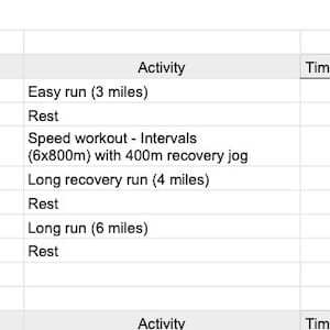 K&ouml;nnte beinhalten: Ein w&ouml;chentlicher Laufplan mit einer Tabelle, die die Aktivit&auml;t f&uuml;r jeden Tag der Woche auflistet, einschlie&szlig;lich leichter L&auml;ufe, Tempoeinheiten, langer Erholungsl&auml;ufe und Ruhetage. Der Plan enth&auml;lt Entfernungen in Meilen.