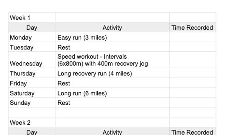 K&ouml;nnte beinhalten: Ein w&ouml;chentlicher Laufplan mit einer Tabelle, die die Aktivit&auml;t f&uuml;r jeden Tag der Woche auflistet, einschlie&szlig;lich leichter L&auml;ufe, Tempoeinheiten, langer Erholungsl&auml;ufe und Ruhetage. Der Plan enth&auml;lt Entfernungen in Meilen.