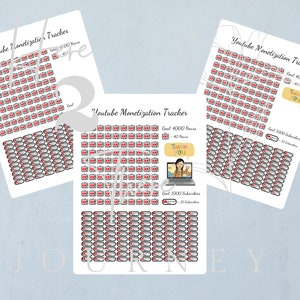 May include: Three printable sheets with a YouTube monetization tracker. Each sheet has a grid of 100 YouTube icons to track progress towards goals. The first sheet has a goal of 4,000 hours and 1,000 subscribers. The second sheet has a goal of 4,000 hours. The third sheet has a goal of 1,000 subscribers.