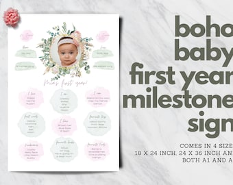 First Birthday Milestone girl, INSTANT DOWNLOAD, 1st Birthday Poster, Stats Sign, Baby Keepsake, Minimalist Milestone Poster, greenery