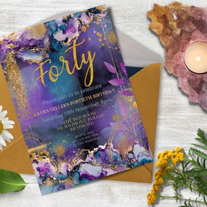 40th Birthday Party Invitation, INSTANT DOWNLOAD, purple, teal, gold, Ladies Fortieth, Surprise party invite, 40, #GPTM01