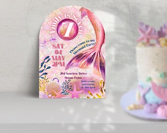 Invitación de sirena del séptimo cumpleaños DESCARGA INSTANTE fantasía bajo la fiesta del mar invitar plantilla canva del séptimo cumpleaños lámina de oro