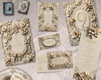 ビクトリア朝のウェディング バンドル、即時ダウンロード、バロック、リージェンシー、ジョージアン ウェディング招待状、大きなバンドル、花柄、美しい、クリーム色のバラ