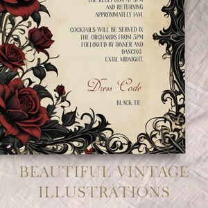 May include: A vintage wedding invitation with black and white floral illustrations and red roses. The text reads "Dress Code: Black Tie".