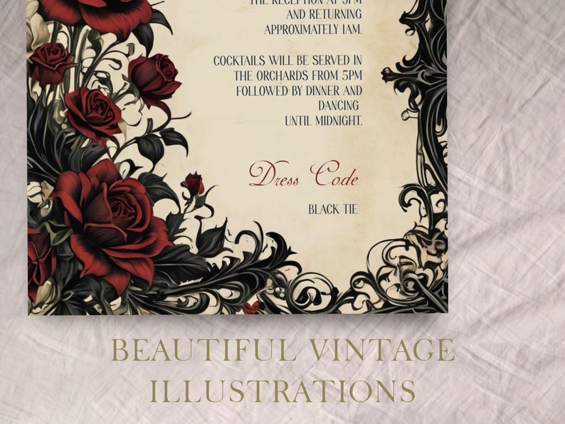 May include: A vintage wedding invitation with black and white floral illustrations and red roses. The text reads "Dress Code: Black Tie".