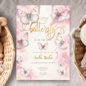 Little Butterfly Baby Shower, INSTANT DOWNLOAD, Printable Invitation, Baby Girl&#39;s Blush Pink Gold invite, Butterflies Party Invitation
