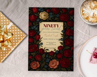 90 Years Loved Birthday Invitation, INSTANT DOWNLOAD, Editable Template, Red Rose 90th Party Women, Elegant 90th Invite for Her, Eighty