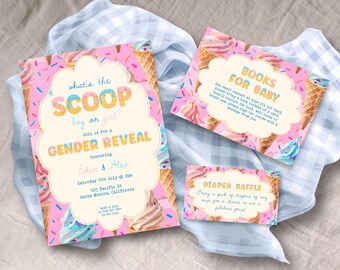 May include: Pink gender reveal party invitations with ice cream cone illustrations. The main invitation reads "What's the Scoop? Boy or Girl?" with event details. Additional cards request books for baby and a diaper raffle.