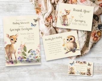 Paquete Woodland Baby Shower, DESCARGA INSTANTE, zorro, ciervo, conejito, plantilla editable floral boho, baby shower con tema de bosque, #WBF01