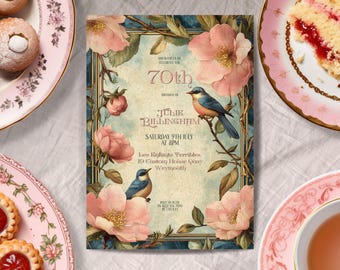 Ladies 70th Birthday Invitation, INSTANT DOWNLOAD, boho floral invite, Ladies 70th surprise, Victorian style invitation, invitation women