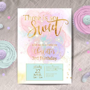Three is so sweet Birthday Invitation, INSTANT DOWNLOAD, she&#39;s so sweet invite, 3rd birthday girl, 3rd birthday, pastel, pink, gold foil