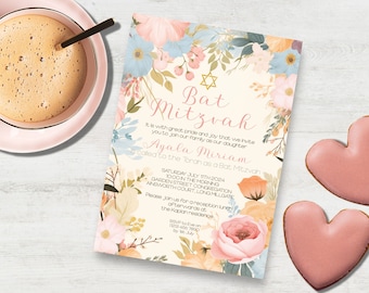 Bat Mitzvah Invitation, INSTANT DOWNLOAD, Floral Bat Mitzvah, Star of David, Bat Mitzvah invite, botanical Bat Mitzvah, Jewish Invitation