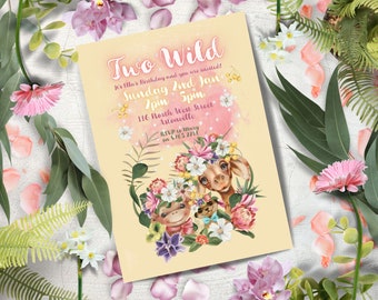 Two Wild Jungle Safari Birthday Invitation INSTANT DOWNLOAD girl 2nd Birthday Party Invite Canva Template Baby Animals