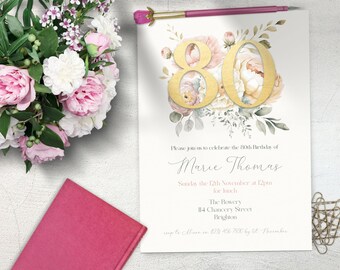 May include: An invitation to an 80th birthday party for Marie Thomas. The invitation features a gold number 80 surrounded by watercolor flowers. The party will be held on November 12th at 12pm at The Bowery, 114 Chancery Street, Brighton.
