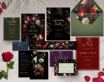 Bundle mariage victorien, TÉLÉCHARGEMENT IMMÉDIAT, floral de mauvaise humeur, fond sombre, faire-part de mariage, floral sombre, baroque, oeuvre d'art botanique