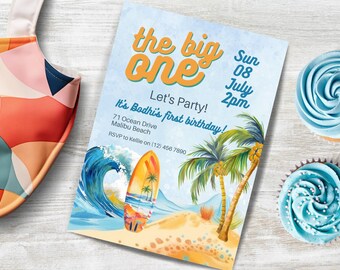 May include: A blue and white invitation with a surfboard and palm trees. The text reads "the big one" and "It's Bodhi's first birthday!" with the date and time "Sun 08 July 2pm".
