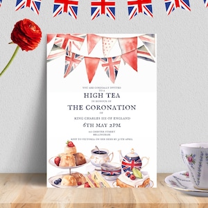 Redigerbar kröningsfestinbjudan DIREKT NEDLADDNING, inbjudan till kung Karl III:s kröning i maj 2023, gatufest, afternoon tea, canvas