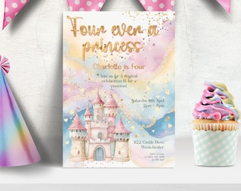 May include: A pink and blue princess-themed birthday invitation with gold glitter and a watercolor castle illustration. The text reads "Four ever a princess" and "Charlotte is Four". The invitation includes the date, time, and location of the party.