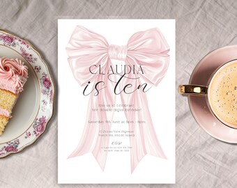Invitación para décimo cumpleaños con lazo rosa, descarga instantánea, plantilla editable para celebrar la fiesta de cumpleaños de preadolescentes, se puede editar para cualquier edad.