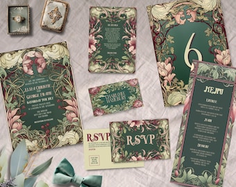 Art Nouveau Wedding Bundle, INSTANT DOWNLOAD, Art Deco, Victorian, Wedding Invitation, Edwardian, Morris, Mucha, green, burgundy, sage, pink