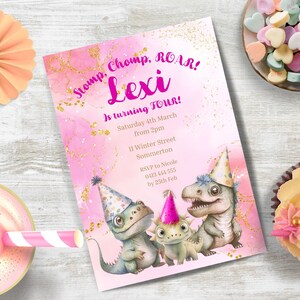 Stomp Chomp & Roar, girl 4th birthday invite, INSTANT DOWNLOAD, Dino Four Party, Invitation Dinosaur, 4th, template, girl dinosaur invite