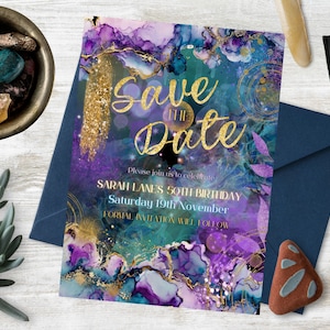 Alcohol Ink and gold foil, Save the Date, invitation, INSTANT DOWNLOAD, Purple, Teal, Gold, maximal, Canva template, gold foil writing