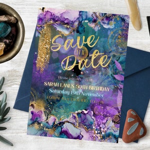 Alkoholtinte und Goldfolie, Save the Date, Einladung, INSTANT DOWNLOAD, Lila, Petrol, Gold, maximal, Canva Vorlage, Goldfolienschrift