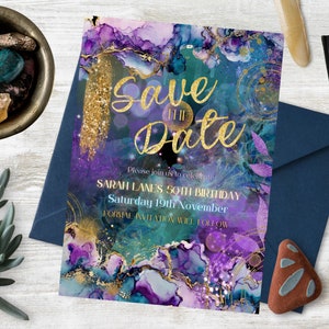 Alcohol Ink and gold foil, Save the Date, invitation, INSTANT DOWNLOAD, Purple, Teal, Gold, maximal, Canva template, gold foil writing