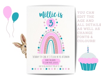 Boho Rainbow Birthday Invitation, INSTANT DOWNLOAD,  Any age Girl, Hippie, Earthy,Boho Rainbow, Party Invite, Template Canva