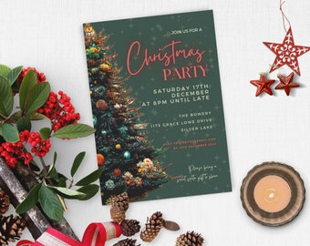 Vintage Christmas Tree Party Invitation INSTANT DOWNLOAD stars xmas holiday office party drinks gathering Canva template