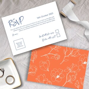 Op de afbeelding: Een witte RSVP-kaart met een bloemenpatroon op de achterkant. De kaart heeft een sectie voor de naam van de gast, een plek om een QR-code te plaatsen en twee selectievakjes om de uitnodiging te accepteren of te weigeren. De tekst op de kaart luidt "RSVP", "16 oktober 2023", "Met plezier accepteren" en "Met spijt afwijzen".